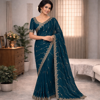 Star Georgette Saree with Multi Sequins Embroidery & Designer Blouse