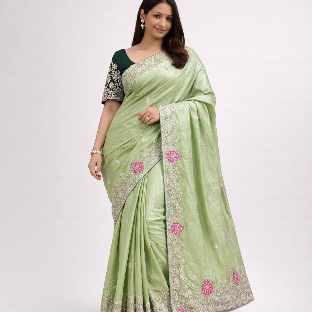 Blooming Chocolate Silk Embroidery Designer Saree With Unstitched Blouse