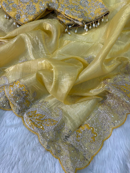 Elegant Crystal Crush Tissue Saree – Designer Embroidered Party Wear