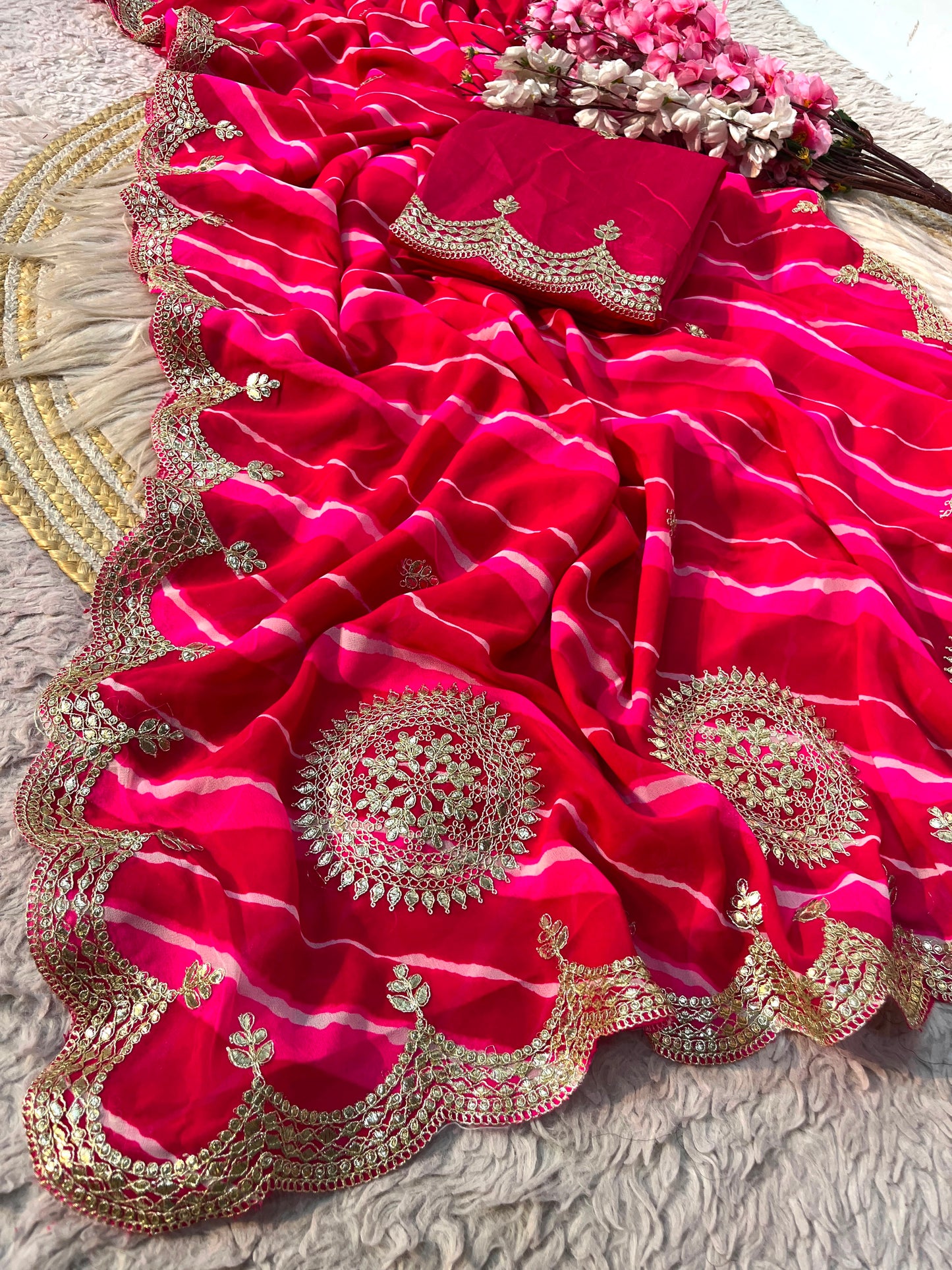 Traditional Leheriya Georgette Saree with Heavy Foil Gota Work & Cutwork Border
