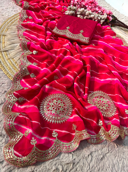 Traditional Leheriya Georgette Saree with Heavy Foil Gota Work & Cutwork Border