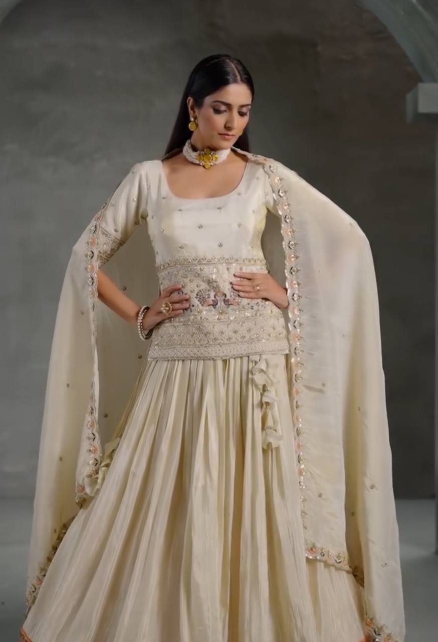 Elegant Chinon Crop Top Lehenga Set with Embroidered Dupatta