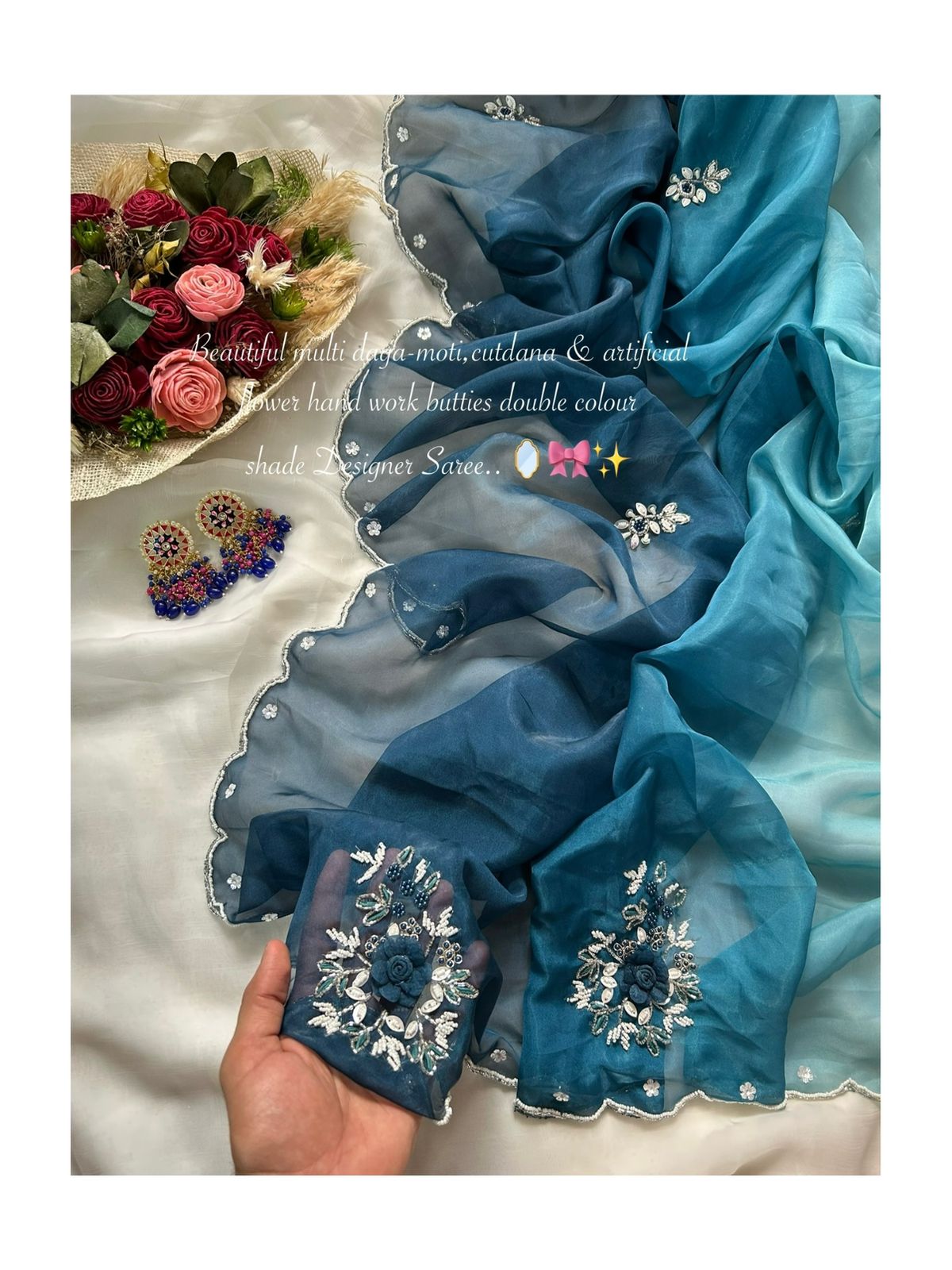 Vrinda Designer Organza Saree With Handwork Butties & Cutdana Border