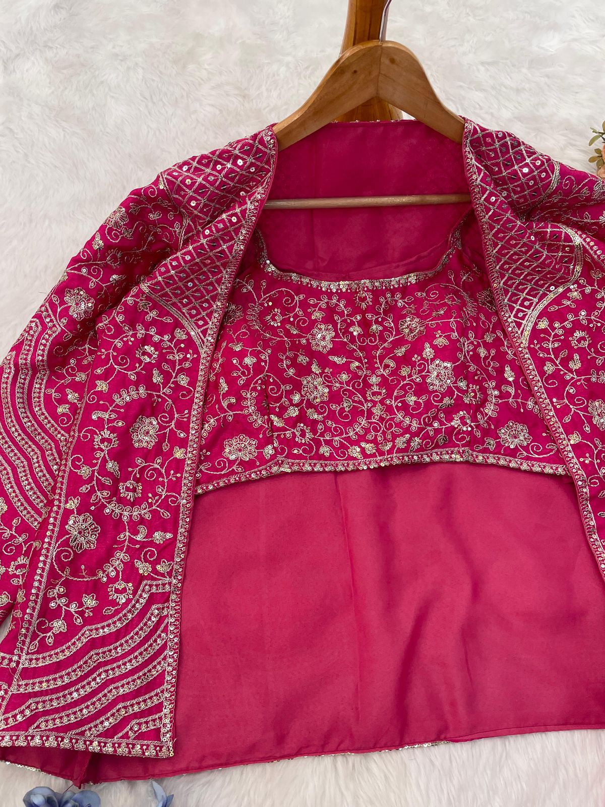 Elegant Rani Pink Embroidered Palazzo Koti Blouse Set in Chinon Silk