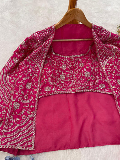 Elegant Rani Pink Embroidered Palazzo Koti Blouse Set in Chinon Silk