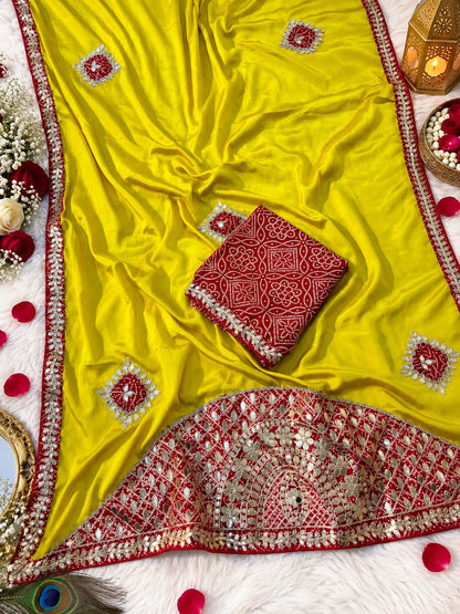 Chinon Saree with Heavy Bandhej Patch Butta & Gotapatti Work