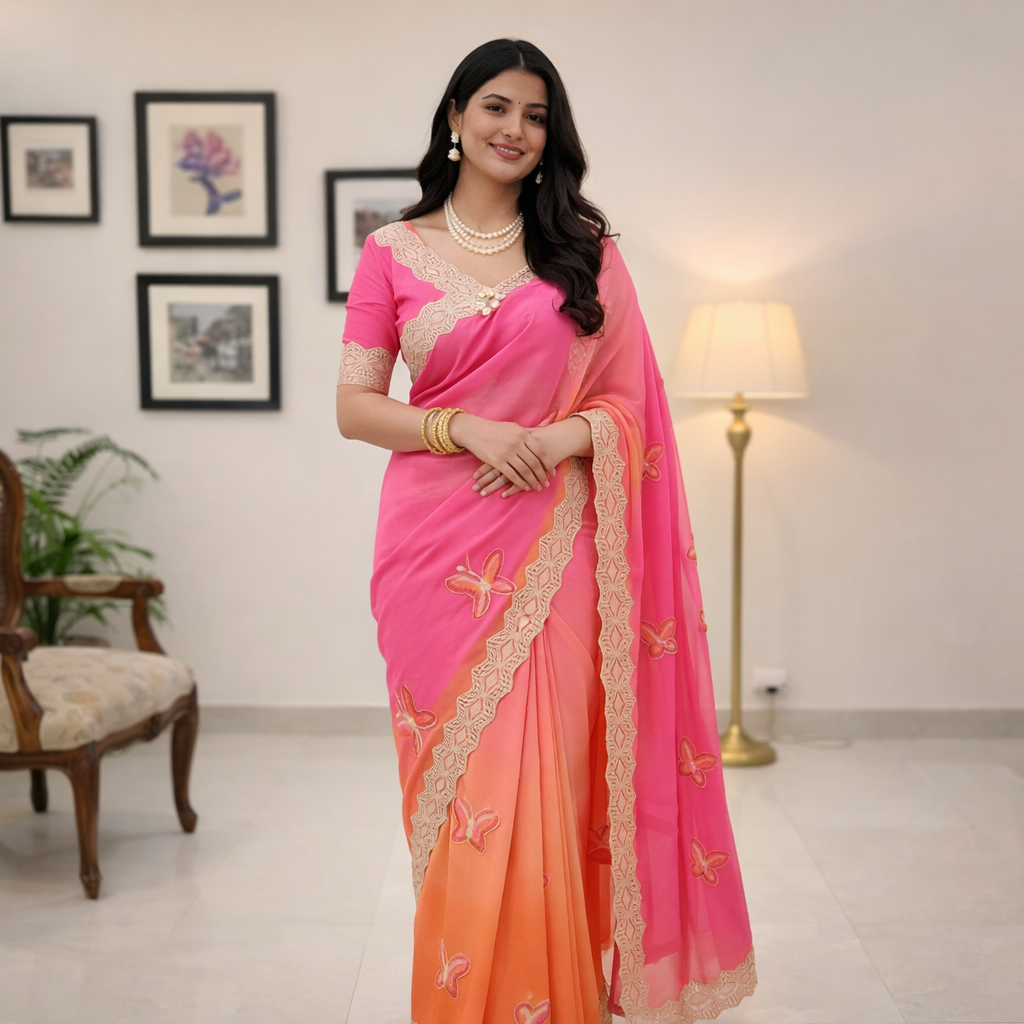 Rubina Soft Fendy Butterfly Work Saree with Gota Patti Lace Border
