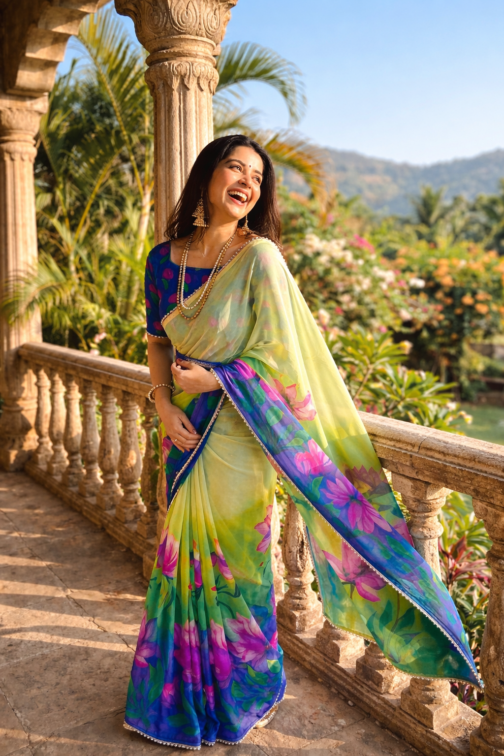 Soft Georgette Digital Print Saree With Pearl Lace Border