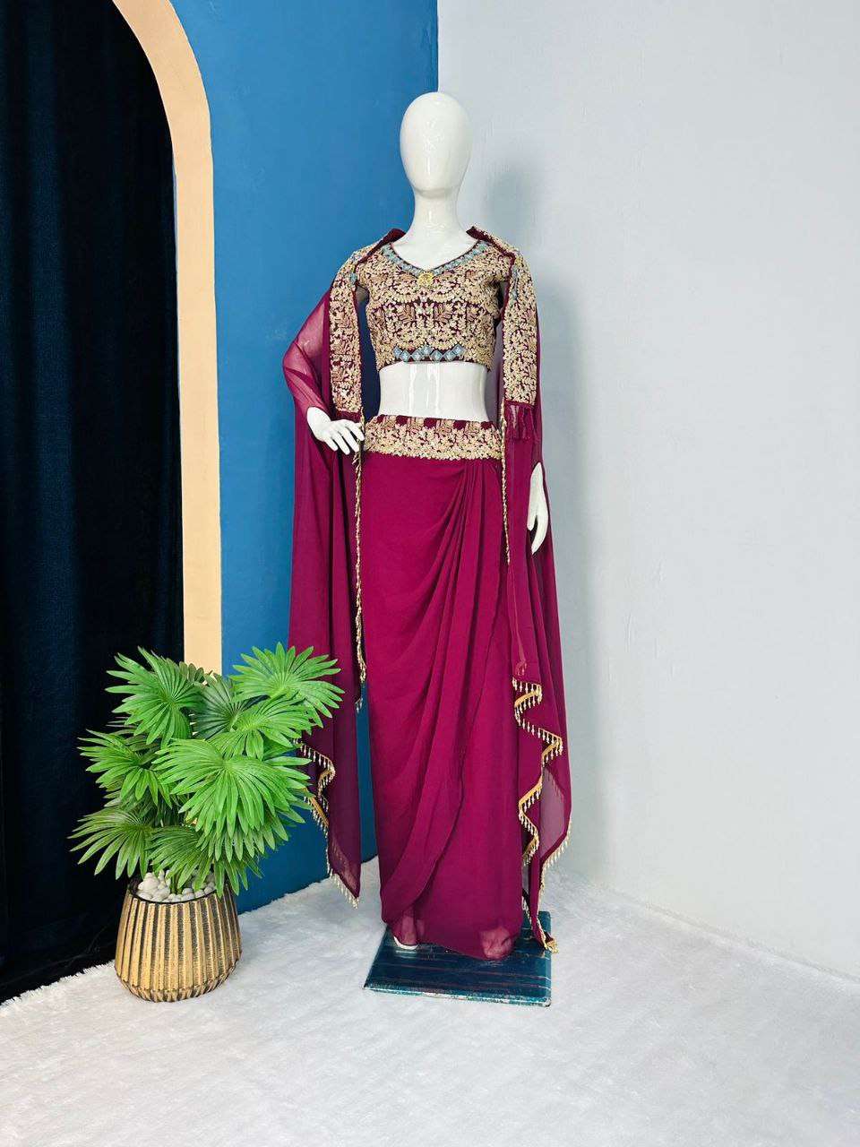 Wine Party Wear Organza Sharara Set with Embroidered Blouse & Stylish Shrug
