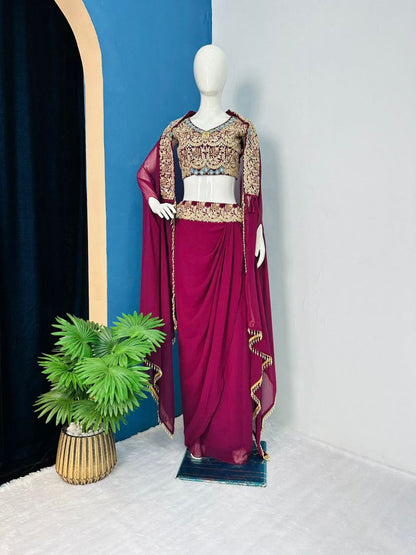 Wine Party Wear Organza Sharara Set with Embroidered Blouse & Stylish Shrug