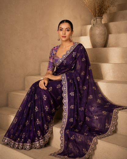 Premium Fendy Satin Saree with Coding Sequence Work