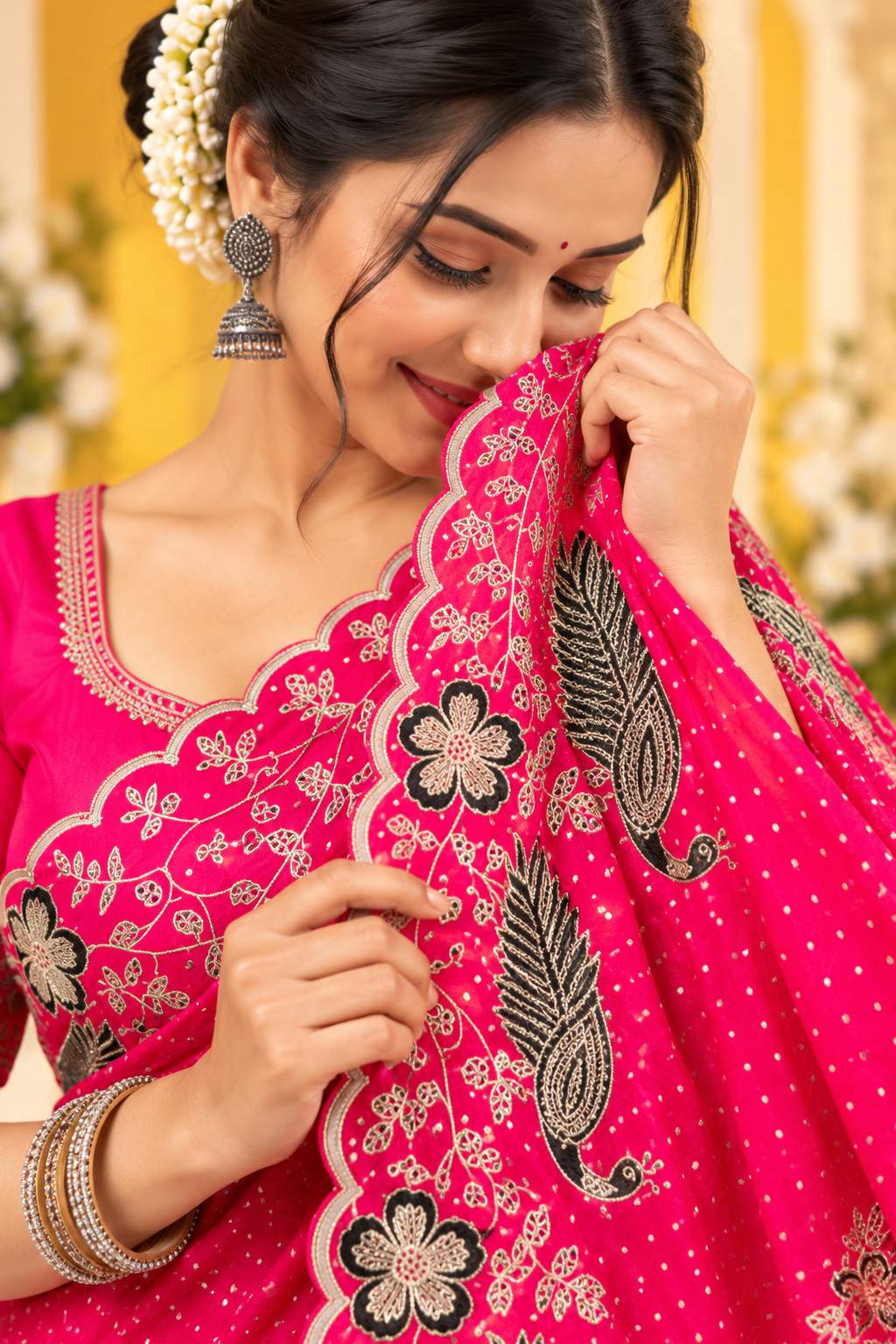 Georgette Muthda Saree with Peacock Thread Work & Cut Work