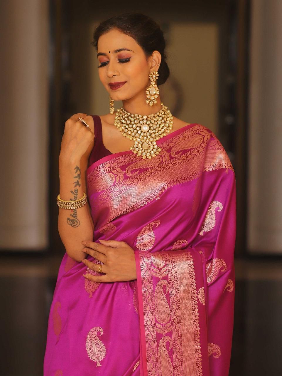 Pure Gold Zari Lichi Silk Saree