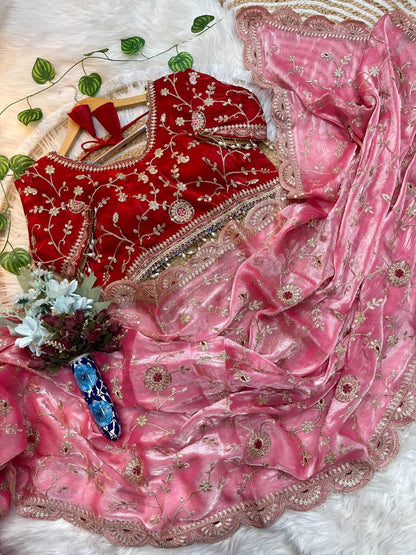 Ananya Soft Satin Silk Embroidery Saree with Heavy Border & Stitched Blouse