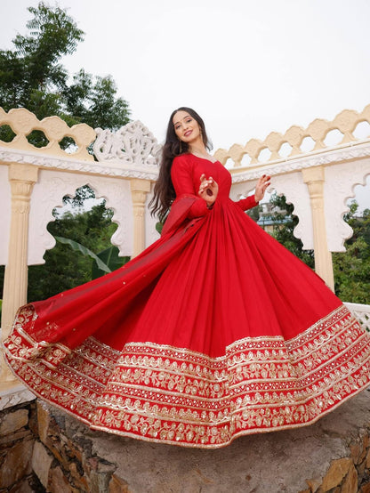 Red Fox Georgette Embroidered Anarkali Gown with Dupatta (Fully Stitched)