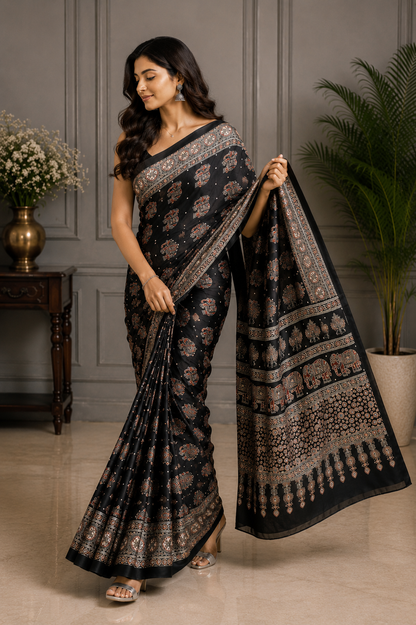 Elegant Ajrakh Pure Gajji Bandhej Soft Silk Saree With Mirror Work