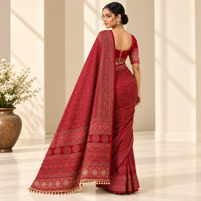 Pure Arjakh Satin Viscose Silk Saree with Original Mirror Work, Designer Print & Blouse