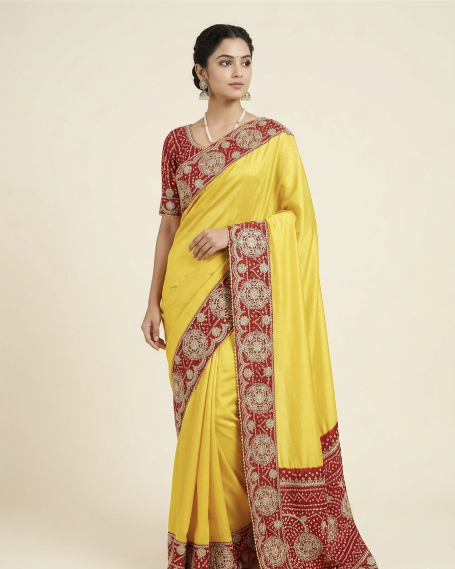 Traditional Silk Saree with Rich Red Woven Border – Festive & Wedding Wear (2 Colors)