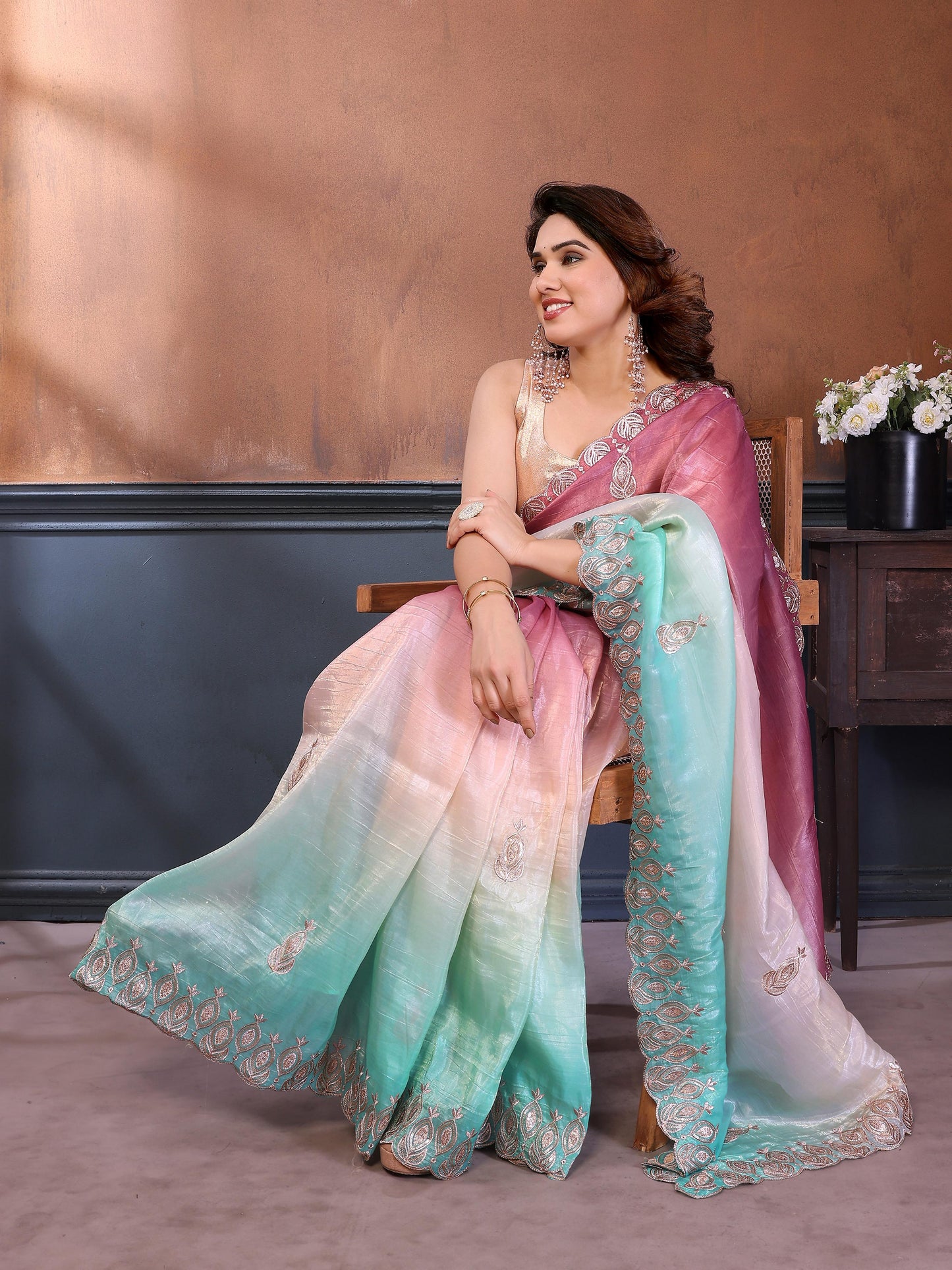 Gold Crush Silk Embroidery Work Saree with Gota Patti Blouse | Multi Tone Party Wear Saree