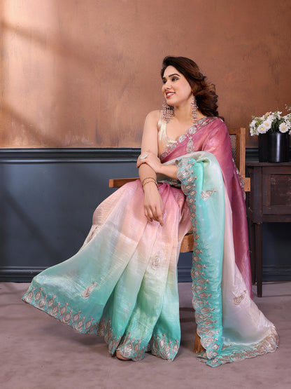 Gold Crush Silk Embroidery Work Saree with Gota Patti Blouse | Multi Tone Party Wear Saree