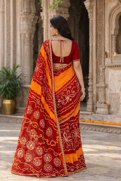 Traditional Georgette Bandhej Piliya Saree with Red Pallu & Kacchi Gota Patti Work