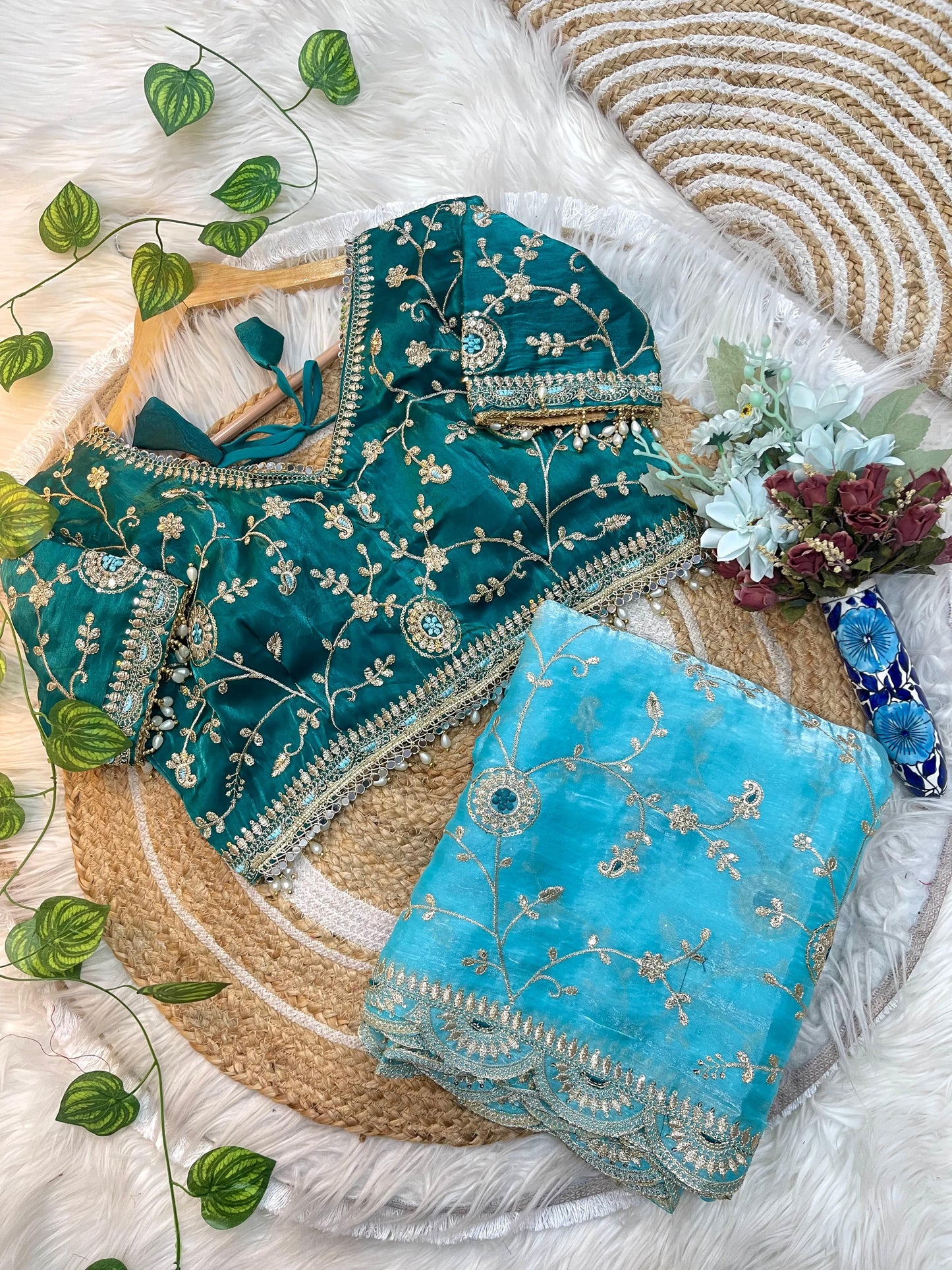 Ananya Soft Satin Silk Embroidery Saree with Heavy Border & Stitched Blouse