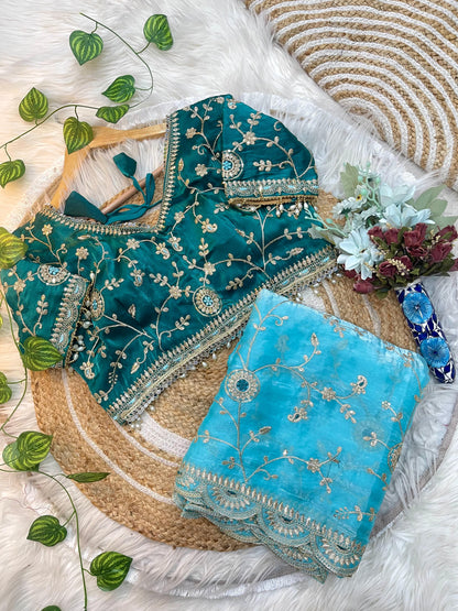 Ananya Soft Satin Silk Embroidery Saree with Heavy Border & Stitched Blouse
