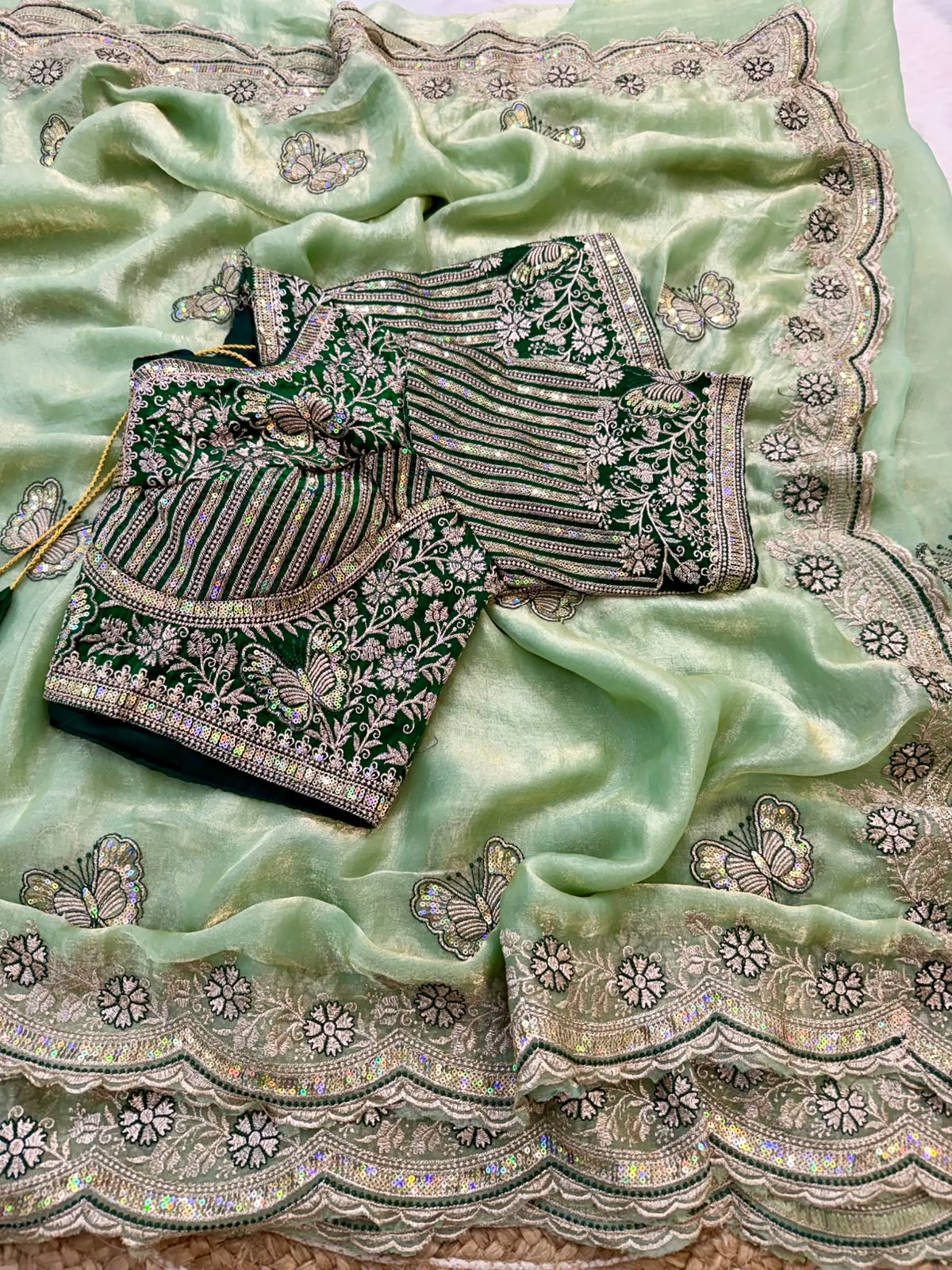 Sabyasachi Inspired Space Silk Saree with Butterfly Embroidery & Stitched Blouse
