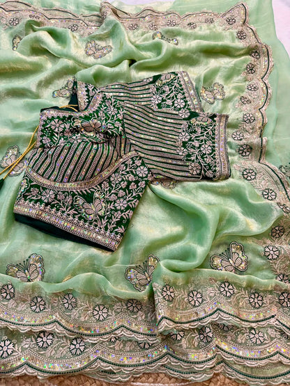 Sabyasachi Inspired Space Silk Saree with Butterfly Embroidery & Stitched Blouse