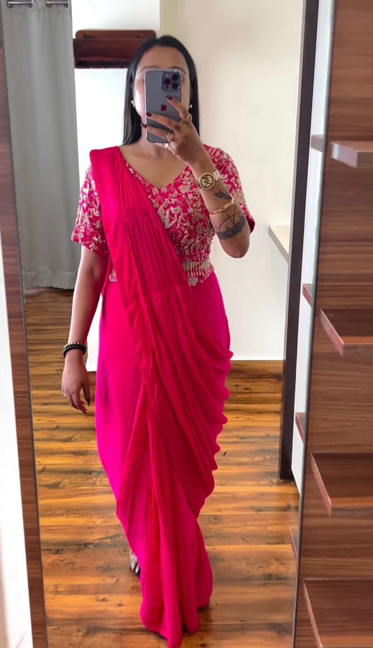 Trending Ready-to-Wear Chinon Saree with Embroidery Blouse