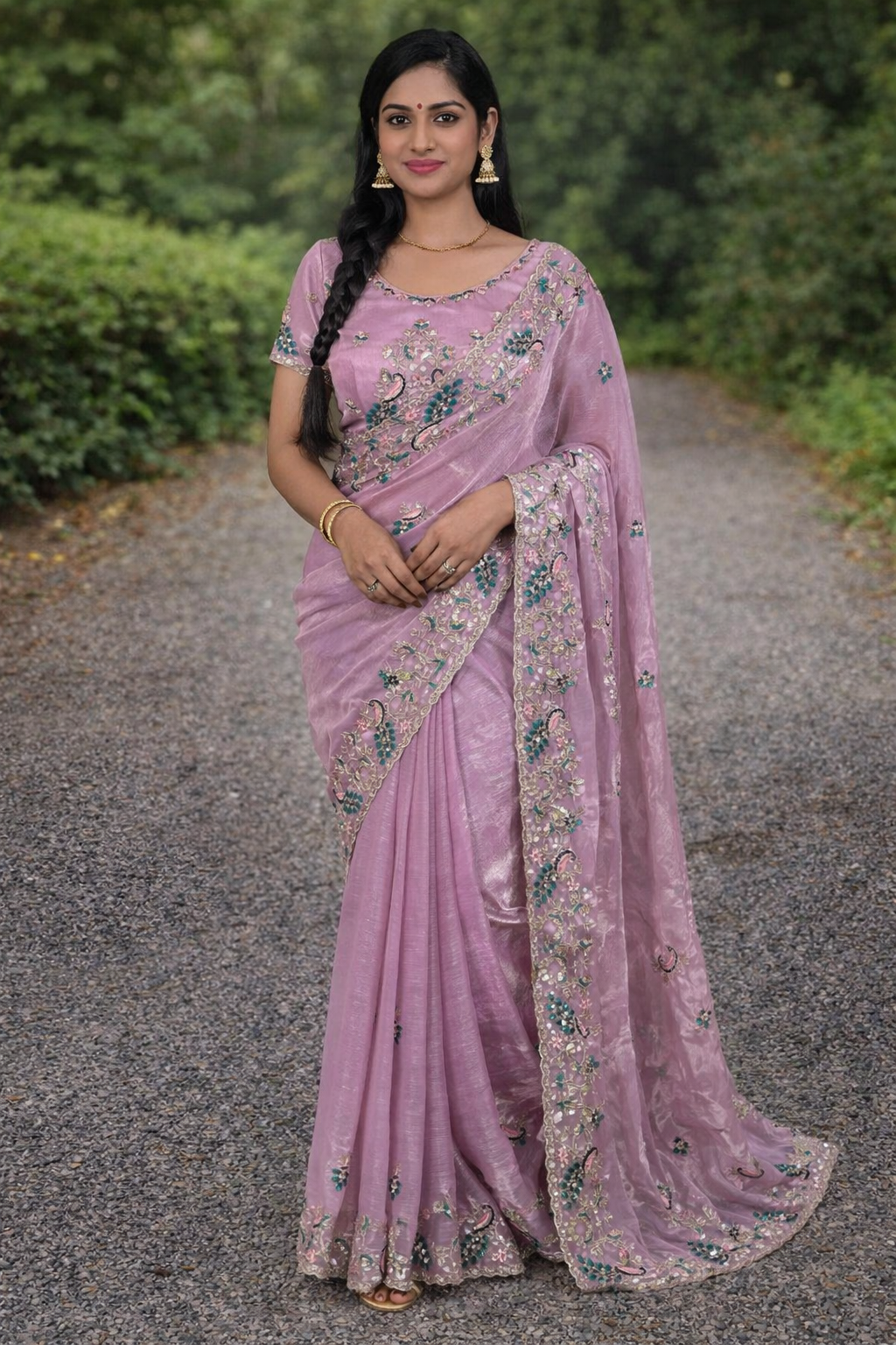 Gangaur Fandy Chiffon Saree with Sequins & Multi Thread Embroidered Border