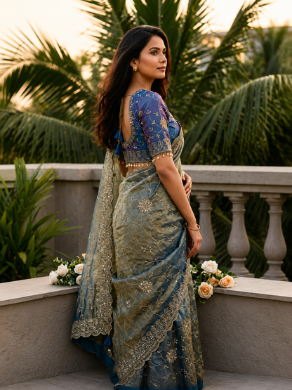 Adhya Fendy Chiffon Two Tone Saree with Embroidery, 3mm Sequence Jari Work & Fully Stitched Blouse | 6 Colors