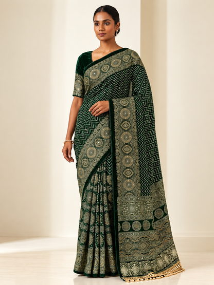 Pure Arjakh Satin Viscose Silk Saree with Original Mirror Work, Designer Print & Blouse