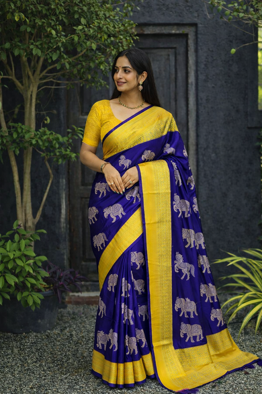 Royal Blue & Yellow Elephant Motif Jacquard Silk Saree
