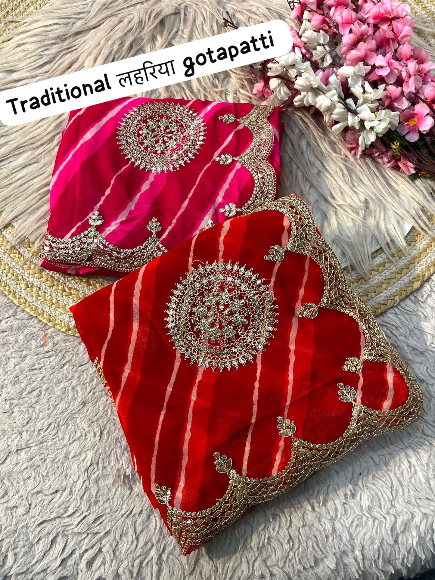 Traditional Leheriya Georgette Saree with Heavy Foil Gota Work & Cutwork Border
