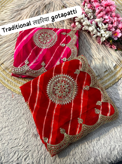 Traditional Leheriya Georgette Saree with Heavy Foil Gota Work & Cutwork Border