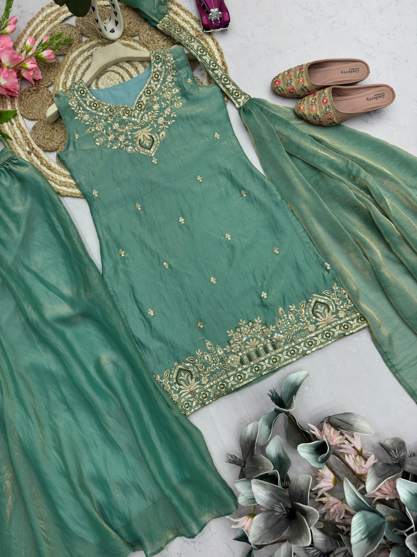 Heavy Two Tone Fendy Silk Sharara Suit With Embroidery Sequins Work & Dupatta