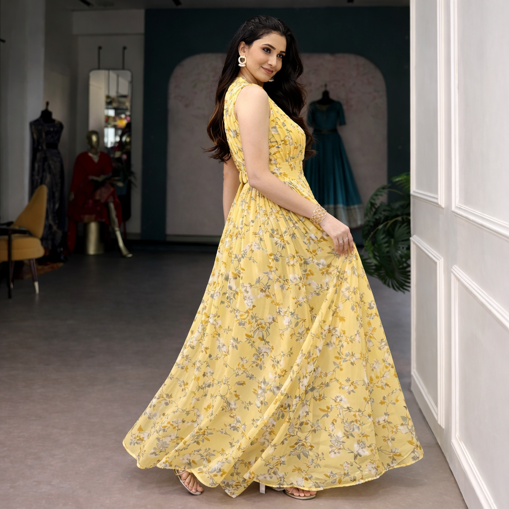 Floral Print Weightless Marble Fabric Long Party Wear Gown Dress