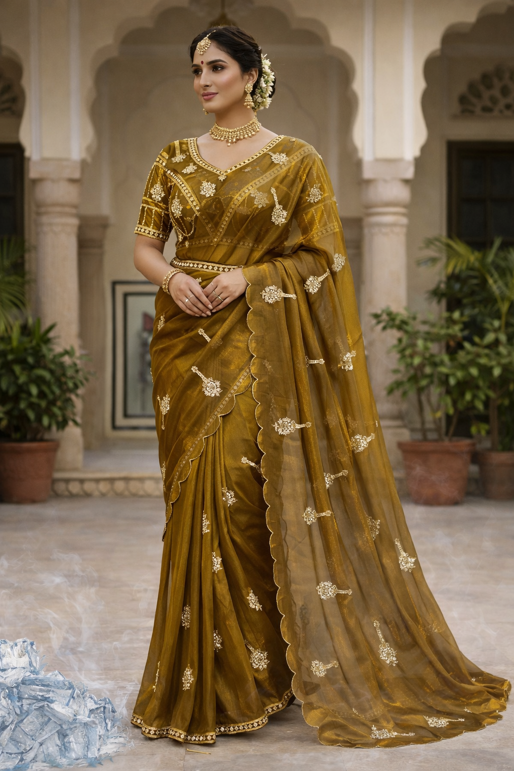 Bollywood Style Fandy Satin Saree with Khatli Embroidery Work & Designer Blouse