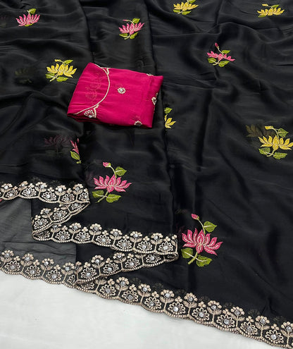 Designer Rangoli Silk Saree With Embroidery Work & Real Mirror Cutwork Border