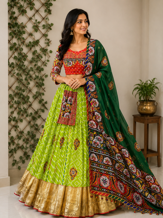 Designer Digital Print Muslin Cotton Lehenga Choli with Mirror Work & Dupatta