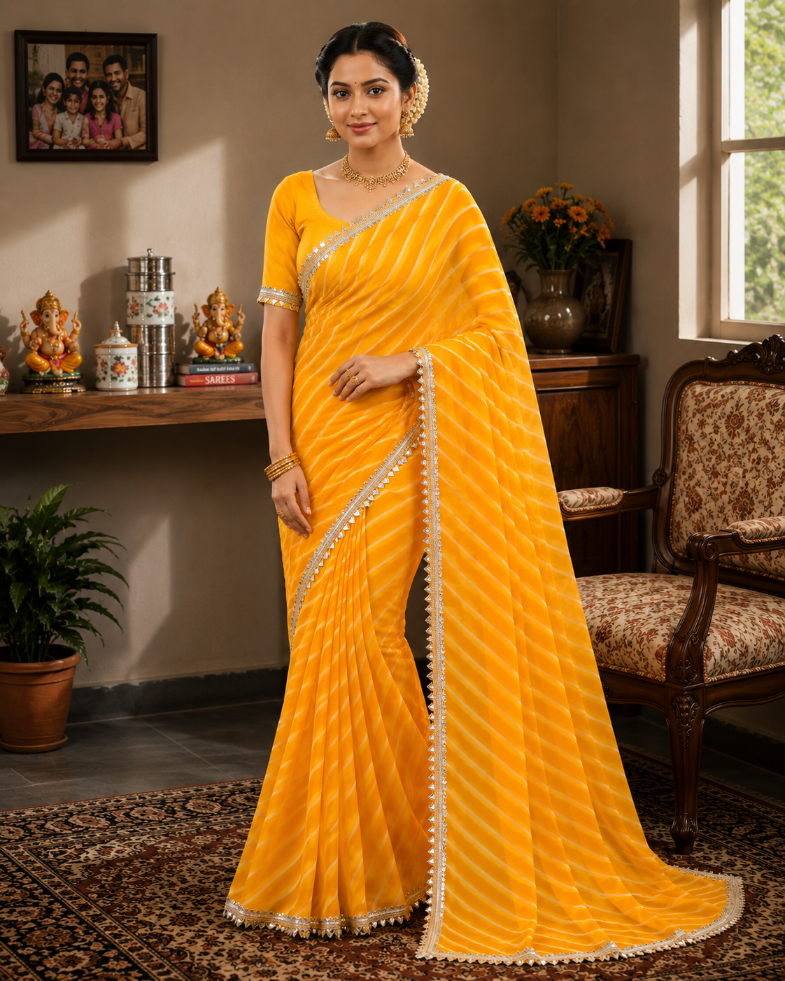 Georgette Leheriya Saree with Mirror Lace Border & Unstitched Blouse | Designer Party Wear Saree