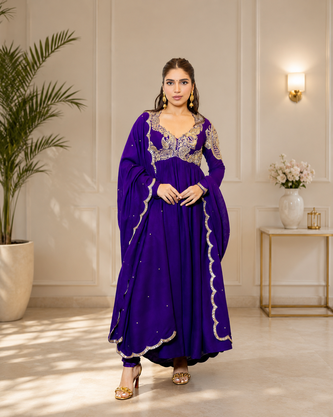 Designer Chinon Silk Anarkali Gown with Embroidered Dupatta – Festive Wear