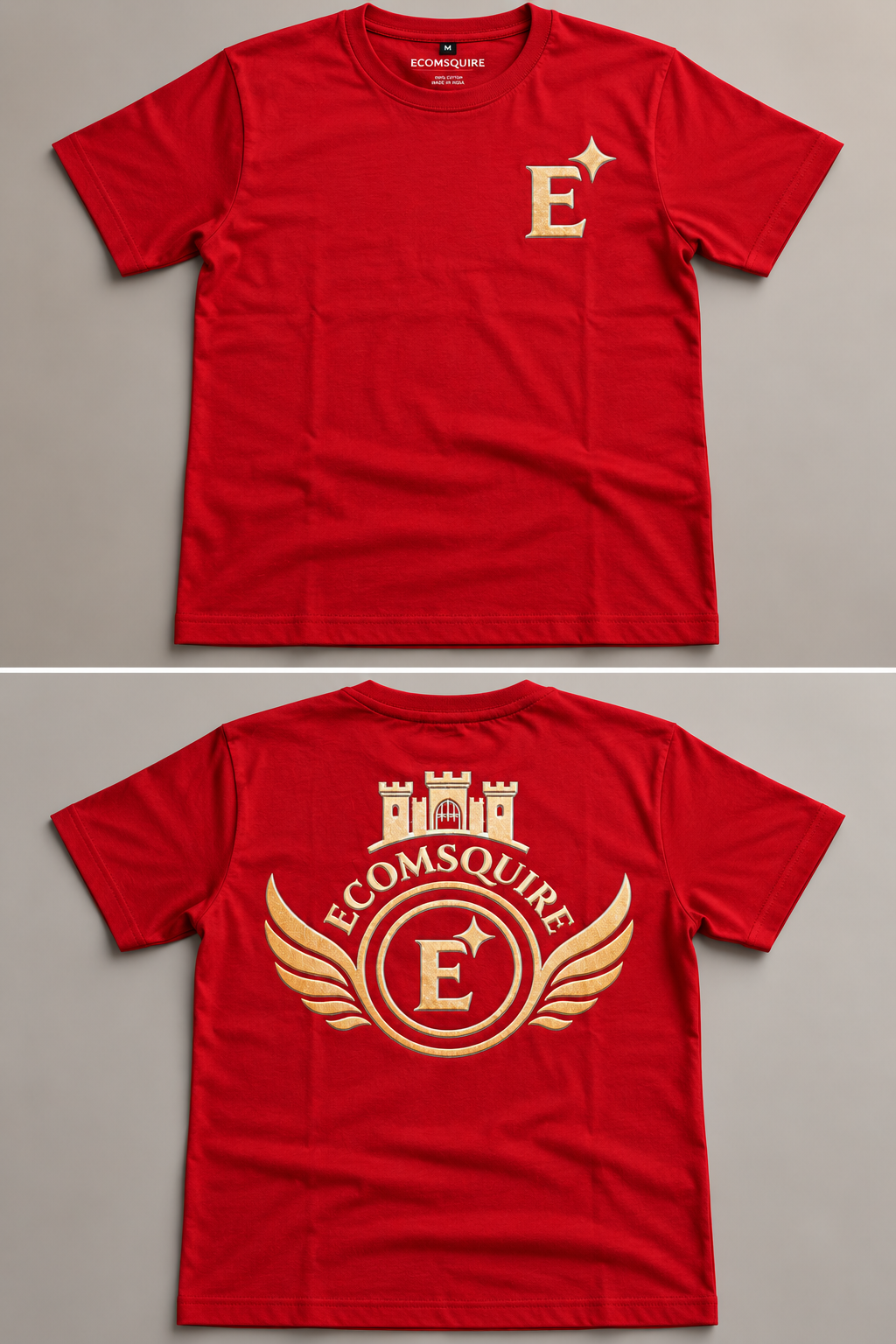 EcomSquire Premium 100% Pure Cotton Red T-Shirt with Golden Logo | Trusted by Customers Across the USA