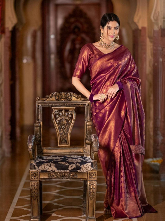 Wine Zari Work Silk Look Saree