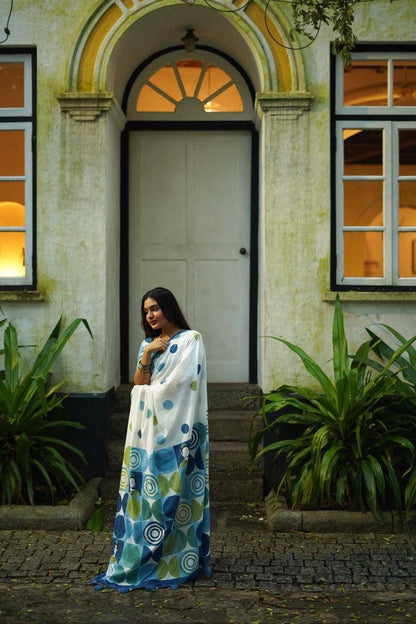 Pure Linen Chanderi Saree with Kalamkari Print & Zari Border