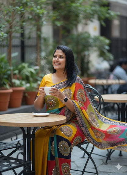 Yellow Mirror Chinon Saree with Digital Print & Mirror Work