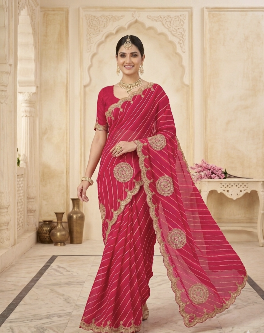 Traditional Leheriya Georgette Saree with Heavy Foil Gota Work & Cutwork Border