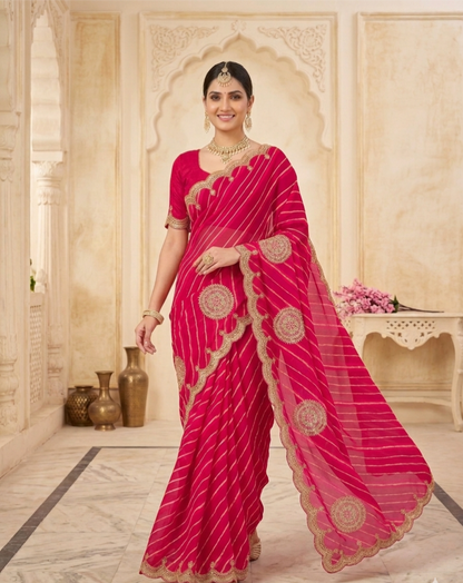 Traditional Leheriya Georgette Saree with Heavy Foil Gota Work & Cutwork Border