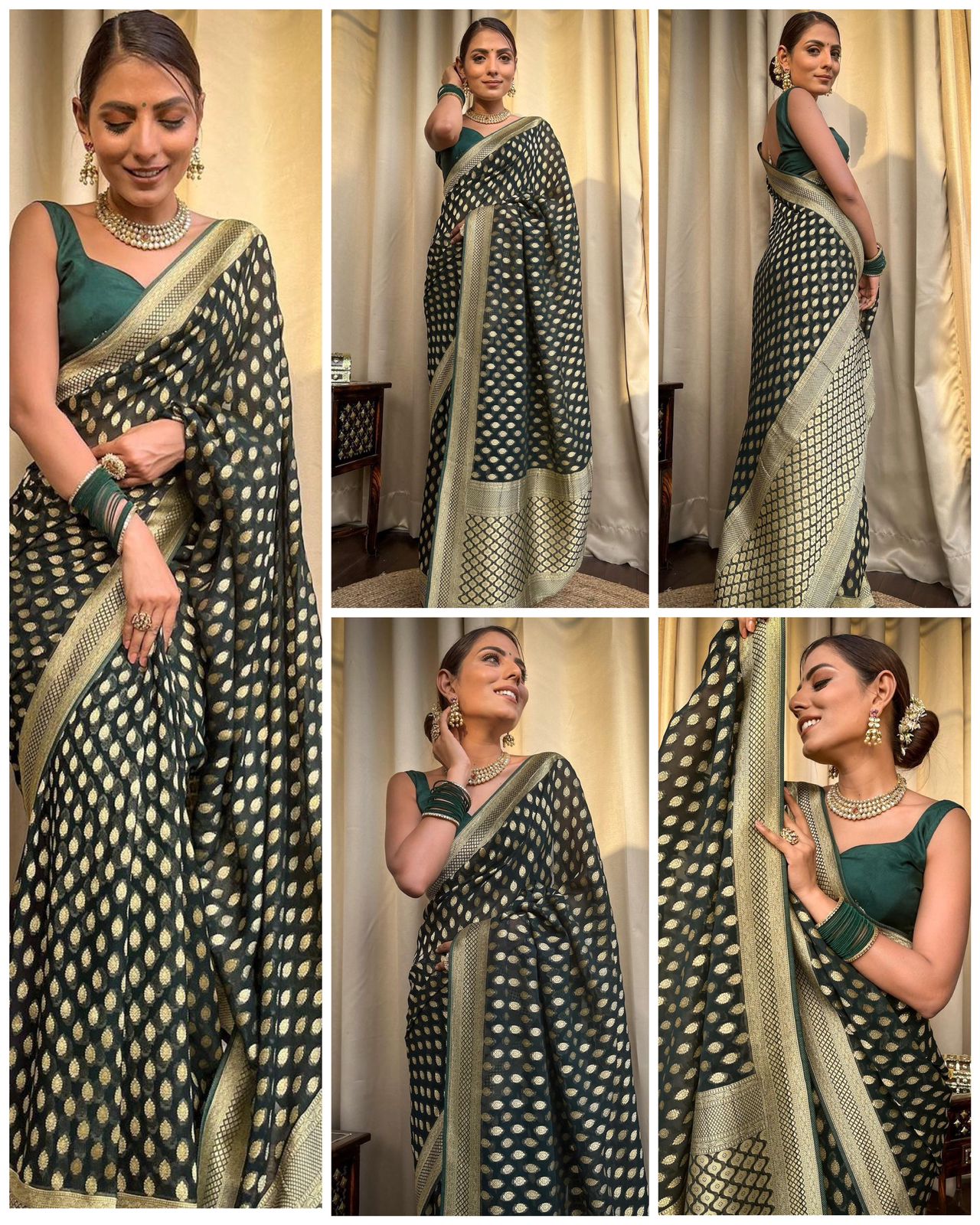 Dark Green Gold Buti Saree